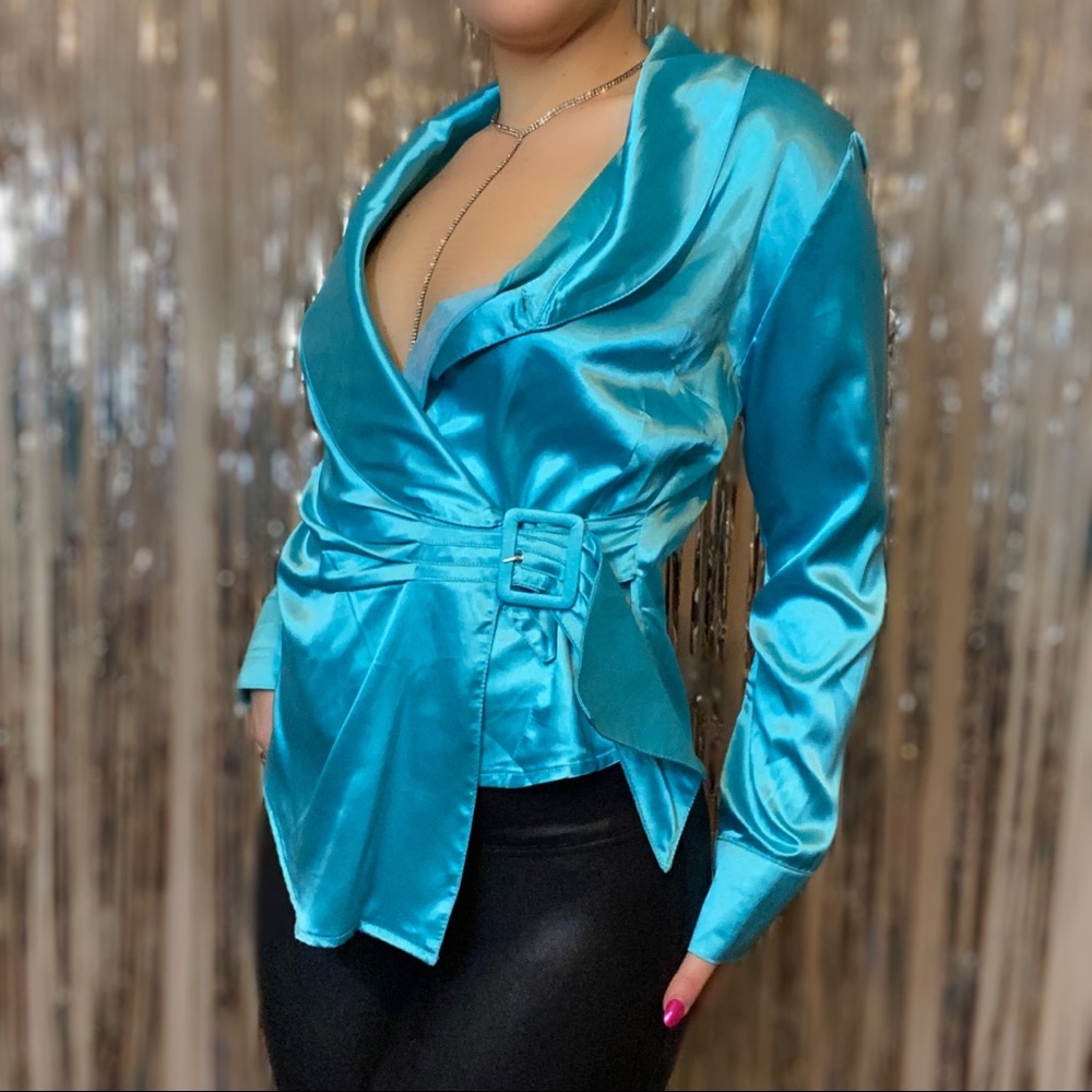 Baby Blue Deep V Silky Top